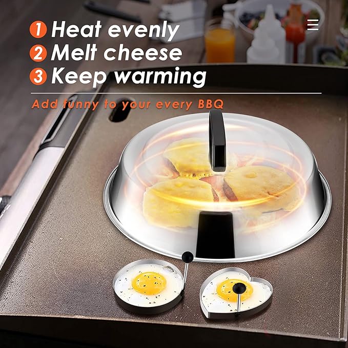 12In Cheese Melting Dome & 7In Cast Iron Grill Press, HaSteeL Stainless Steel Basting Cover with Heavy Duty Burger Bacon Press, Griddle Accessories for Teppanyaki Flat Top Stovetop Indoor & Outdoor