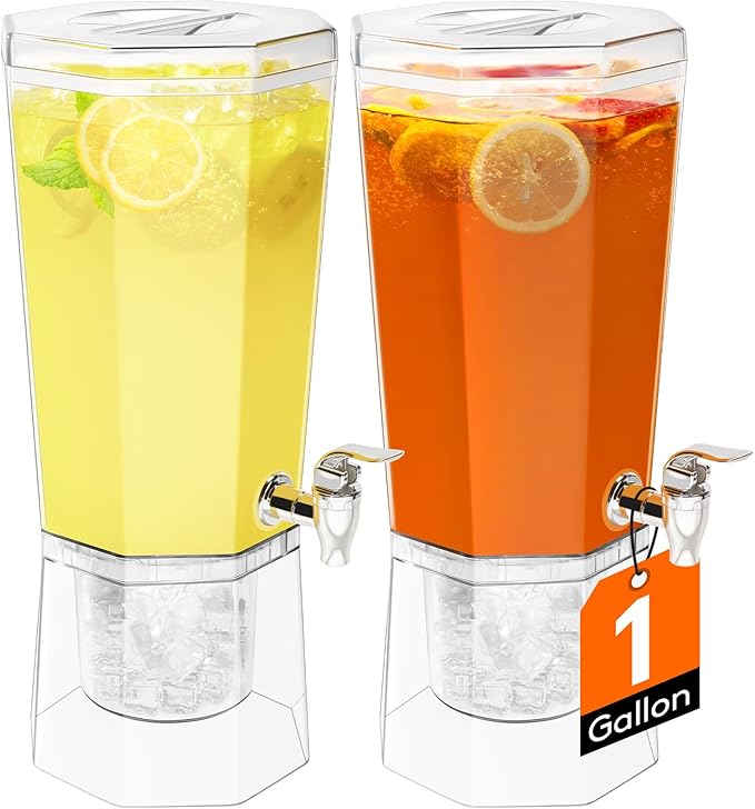 Lifewit 1 Gallon Drink Dispensers for Parties 2 Pcs (in 1 Package), 4L Plastic Beverage Containers with Stand for Juice/Tea/Soda/Water, Clear Ice Lemonade Dispensers with Lid & Leak-proof Spigot