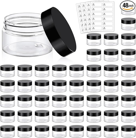 TUZAZO 48 Pack 1 Oz Small Plastic Container Jars with Lids and Labels BPA Free, Empty Round Clear Cosmetic Containers Plastic Slime Jars for Lotion, Cream, Ointments, Samples, Travel Storage (48)