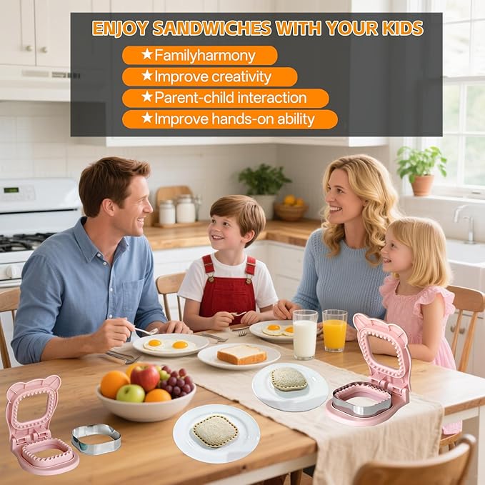 Sandwich Cutter and Sealer - 3.7" Circle & Square Pocket Sandwich Maker, Intuitive & Easy-to-Use for Boys &Girls, Perfect for Breakfast & Lunchboxes (Light Pink, Square)