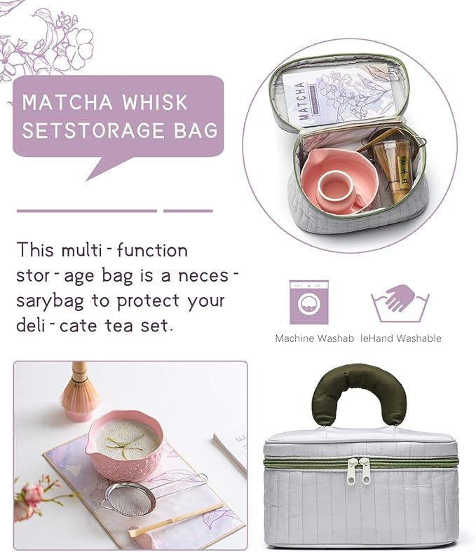 Matcha Whisk Set 9 Pcs – Matcha Bowl, Whisk, Sifter, Spoon, Gift Card ane Portable Carry Bag for Latte Travel,Gift for Matcha Lovers (Pink)