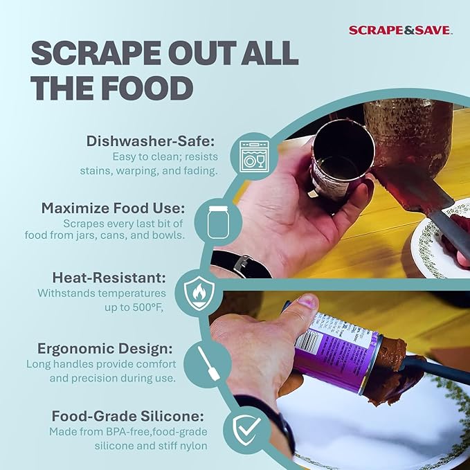 TWO Food Saving, Fast Kitchen Scrapers that Get ALL Food Out of Cans and Jars, esp. corners and bottoms. For peanut butter, mayonnaise, tomato paste, purées, etc. Dishwasher-safe. (Turquoise/Slate)