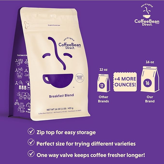 Coffee Bean Direct Breakfast Blend, Whole Bean Coffee, Mild and Mellow, Mixed Roast Level, 1 Pound Bag (Pack of 1)