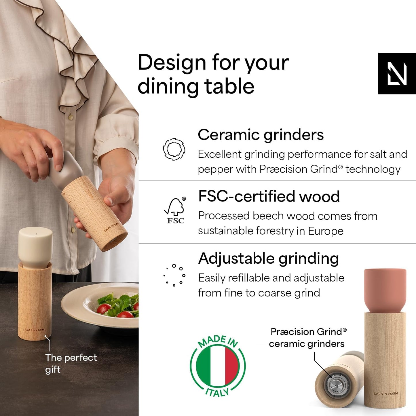 LARS NYSØM Wooden Salt and Pepper Grinder Set Manual with Tray - Salt and Pepper Mills with Adjustable Ceramic Grinder - Elegant Beechwood Pepper and Salt Mill Set for Dining Table (Red/Brown)