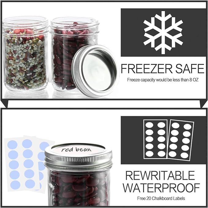 KAMOTA DIY Glass Mason Jars With Bands, 8 oz, Ideal for Jam, Spice, Honey, Wedding , Shower Favors, 12 PACK, Extra 12 Regular Lids & 20 Whiteboard Labels