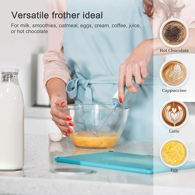 Powerful Electric Milk Frother, Battery Operated Drink Blender, Foam Maker Mixer, Milk Frother Handled for Coffee, Latte, Matcha, Protein Powder (Light Blue)