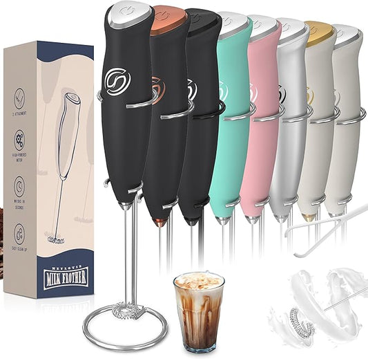 Milk Frother With Stand Milk Frother Wand Coffee Frother Handheld Drink Mixer Handheld with 2 Whisks Electric Whisk Stirrers Electric Milk Frother for Coffee Mixer Wand Milk Foamer-Black