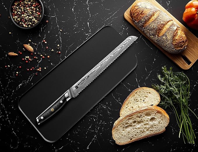 WIZEKA Serrated Bread Knife: 10 inch Damascus Bread Knife for Homemade Bread: Razor Sharp VG10 Damascus Steel Multifunction Serrated Knife for Slicing Homemade Bread, Bagels, Cake