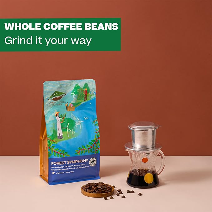 Conihat Whole Bean Coffee - Vietnamese Premium Arabica & Robusta Blend, Dark Roast, Dark Chocolate & Roasted Nut Notes, Bold & Long Aftertaste, Low Acid, Single Origin, Hand-Picked, 16 Oz Bag