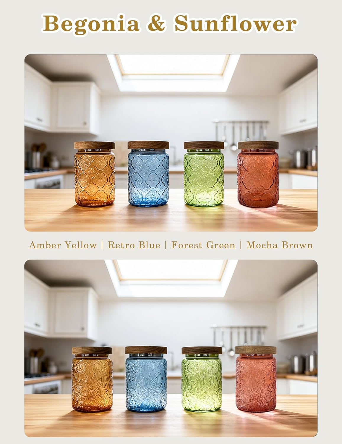 Glass Jar with Airtight Wood Lid – 24 OZ Kitchen and Pantry Canister, Decorative Vintage Storage Container for Candy, Coffee, Cookie, Cereal, Flour, Sugar, Tea, Apothecary, Green Begonia