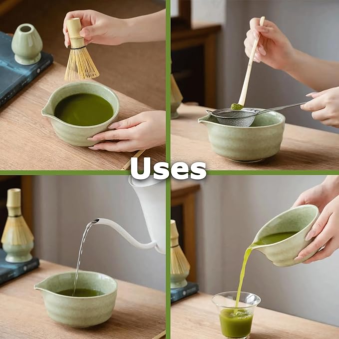 Matcha Whisk Set, Ceramic Matcha Set Includes Matcha Bowl, Matcha Whisk and Holder, Bamboo Scoop, Sifter and Tea Towel - 7 Pcs Matcha Kit for Matcha Lovers