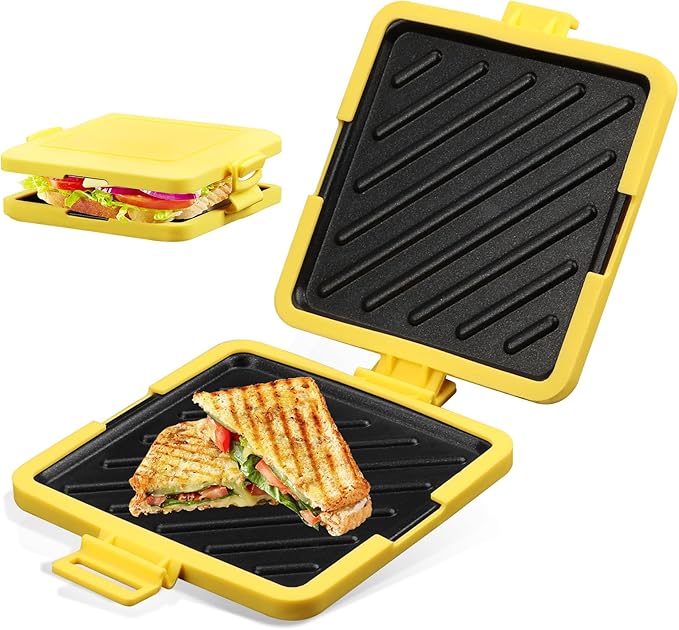 Microwave Toastie Maker, 6.9 * 5.9 * 1.6 Inch Sandwich Maker Time-Saving Grilled Cheese Toaster with Adjustable Silicone Strap Microwave-Safe Cookware Kitchen Tool for Toastie Panini (Yellow)