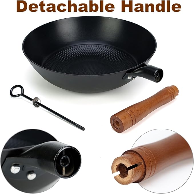 Pre-coated non-stick cast iron wok with wooden handle (no lid), suitable for gas, induction, and electric stoves, easy to use and maintain (11 inches)