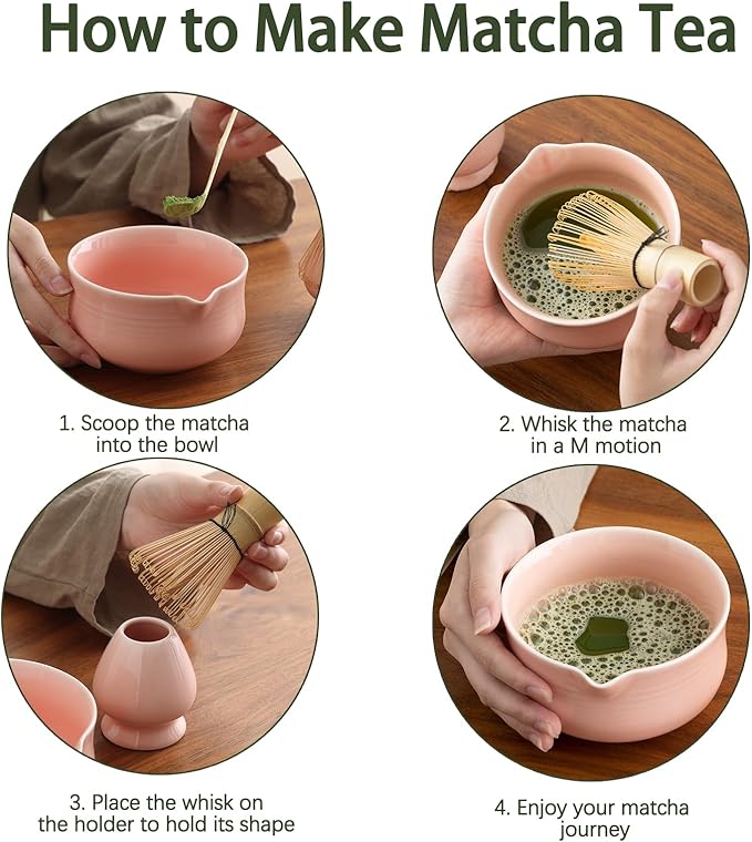 Matcha Set, Pink Ceramic Matcha Kit Includes Matcha Bowl, Matcha Whisk Holder (chasen), Bamboo Matcha Whisk, Bamboo Scoop and Scoop Stand, Japanese Tea Set for Women