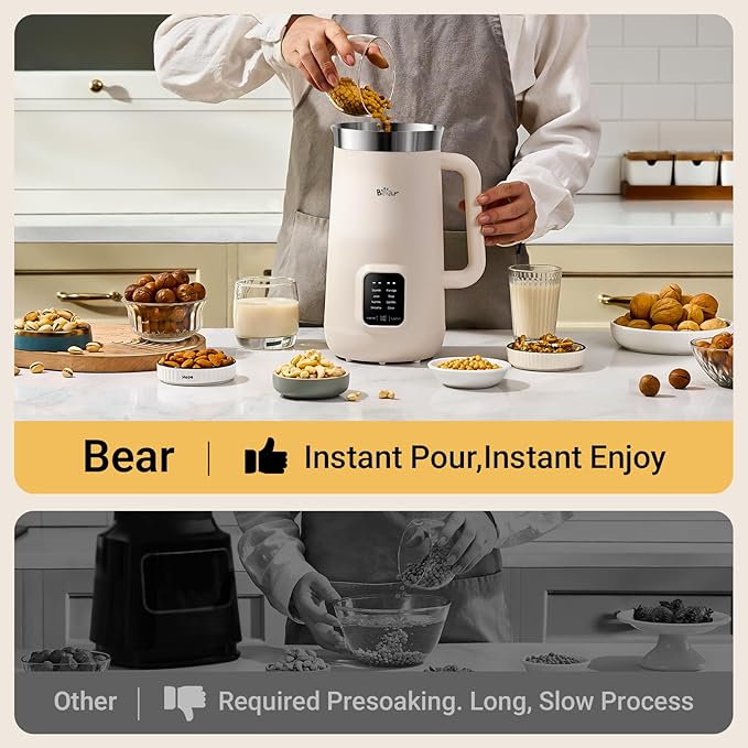 Bear 8 in 1 Nut Milk Maker Machine, 40oz/1.2L Soy Milk Maker with Self Clean/12H Delay/6H Keep Warm, One Touch Alomnd Milk Maker for Homemade Oat, Soup, Juice, Plant Based and Non Dairy Beverages