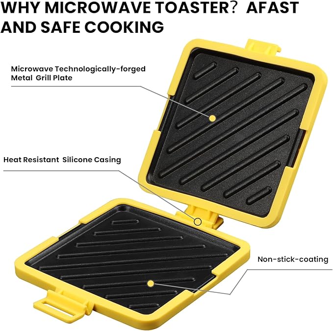 Microwave Toastie Maker, 6.9 * 5.9 * 1.6 Inch Sandwich Maker Time-Saving Grilled Cheese Toaster with Adjustable Silicone Strap Microwave-Safe Cookware Kitchen Tool for Toastie Panini (Yellow)