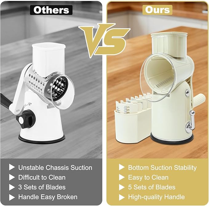 Rotary Hand Crank Cheese Grater, 5-in-1 Replaceable Stainless Blades Vegetable Shredder with Handle and Strong Suction Base, Easy-Clean Multipurpose Kitchen Slicer with Blade Storage Box(White)