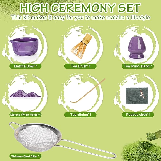 7Pcs Matcha Whisk Set,Ceramic Matcha Tea Set Includes Whisk Matcha Bowl Scoop and Whisk with Holder Sifter Towel,Elegant Matcha Kit Gift for Matcha Enthusiasts and Tea Lovers(Purple)