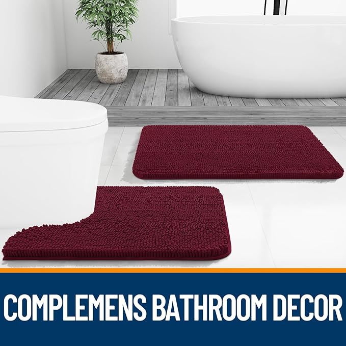 OLANLY Bathroom Rugs Sets 2 Piece, Soft Absorbent Chenille Bath Mats and U-Shaped Contour Toilet Mat Area Rug Set, Machine Washable Bath Carpet, Home Decor Accessories(36"x24"+24"x20", Burgundy)
