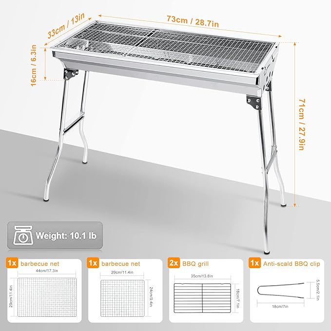 Uten Barbecue Grill, Stainless Steel BBQ, Large Folding Portable BBQ Grill, Charcoal Grill for Outdoor Cooking Camping Hiking Picnics