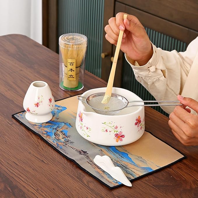 Matcha Set 7-Piece matcha whisk set Kit with Ceramic Bowl, Bamboo Whisk & Holder, 1 Scoops, Strainer, Tea Cloth Pink gift box (white)