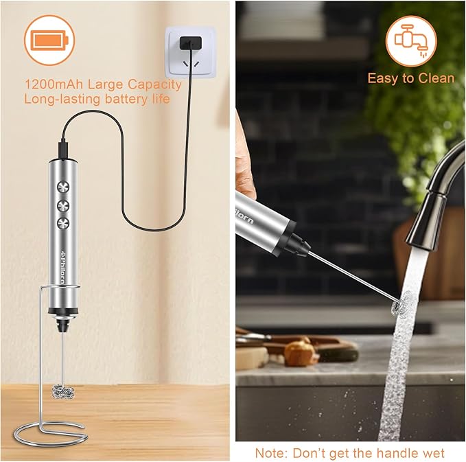 Philorn Milk Frother Rechargeable with Stand, Handheld Frother Wand for Coffee with 3 Heads 3 Speed, Powerful Hand Mixer Electric Whisk for Latte, Cappuccino, Frappe, Matcha, Hot Chocolate, Keto Diet
