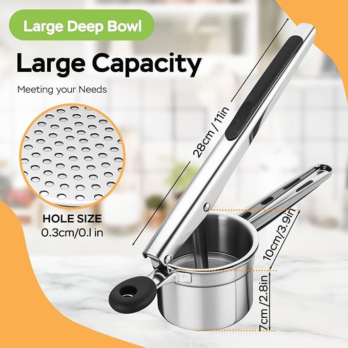 Potato Ricer and Masher Stainless Steel, Large 15 oz Heavy Duty Ricer for Mashed Potatoes, Potato Press Masher with Silicone Handle, Professional Kitchen Press Tool for Potatoes, Vegetables and Fruits