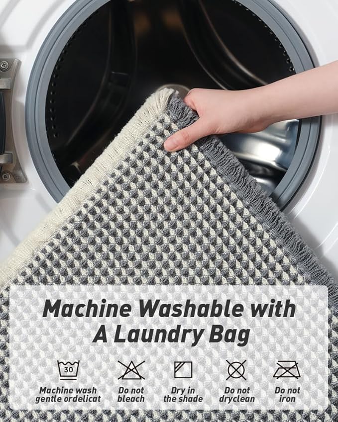 Upgraded Waffle Runner Rug Super Absorbent Non Slip Bath Mats for Bathroom Machine Washable Bathroom Runner Rug with Tassels, Ideal for Hallway Bedroom Laundry Room, 17" x 72", DarkGrey & Cream