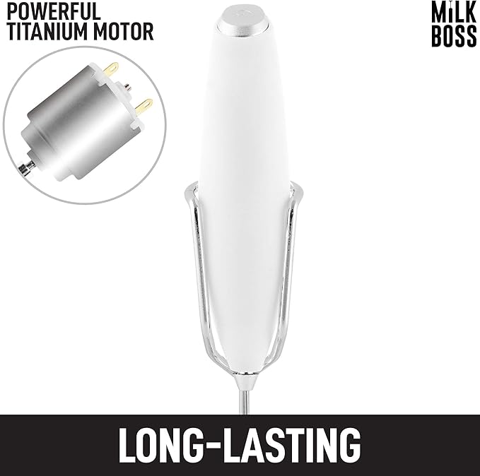 Milk Boss Matcha Whisk - Handheld Electric Stirrer - Frother Wand & Drink Mixer - Durable Stainless Steel - White Ultra Stand