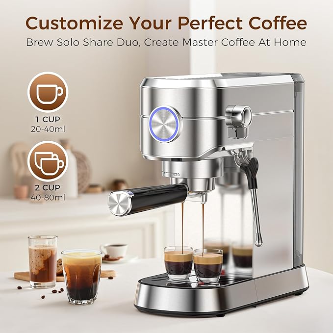 Kndko Espresso Machine, 20 Bar Espresso Maker with Milk Frother, Compact Stainless Steel Coffee Machine with 40.5oz Removable Water Tank for Cappuccino, Latte