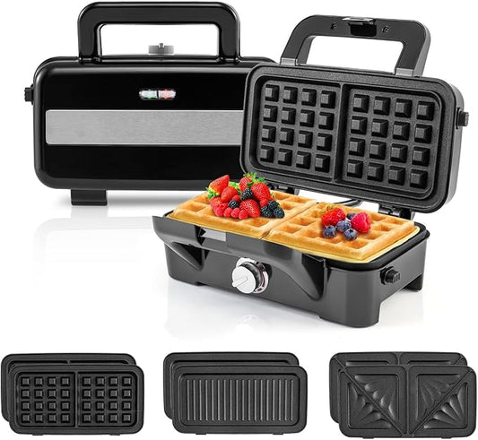 3 in 1 Sandwich Maker, 1082W Waffle Maker with Removable Plates, Sandwich Press with 5-Gear Temperature Control, Indicator Lights, Cool Touch Handle, Panini Press Grill for Breakfast