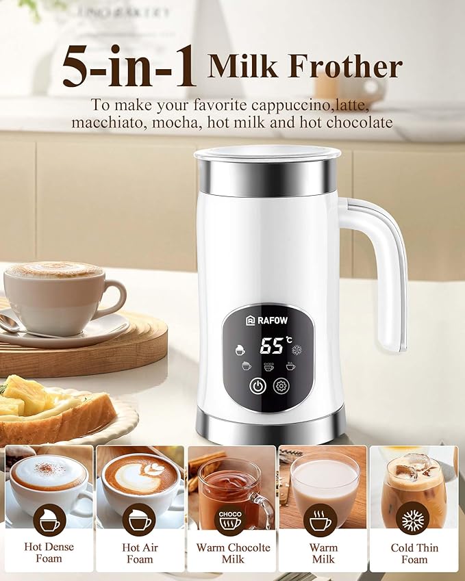 5-in-1 Milk Frother and Steamer - Upgraded Automatic Milk Steamer 11.8oz Hot & Cold Foam Maker and Milk Warmer with LED Display Touch Screen & Two Whisks for Latte,Cappuccinos,Silent Working,120Volts