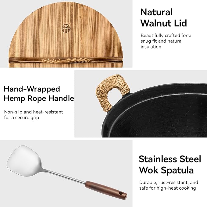 WANGYUANJI Traditional 14.2" Iron Wok – Versatile Stir-Fry Pan with Dual Handles, Wooden Lid & Stainless Steel Spatula