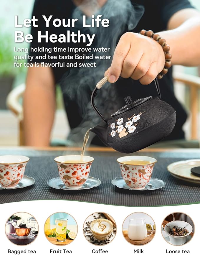 Japanese Cast Iron Teapot with Infuser, Plum Blossom Design, 300ml Capacity, Black, Stainless Steel Infuser, Stovetop Safe