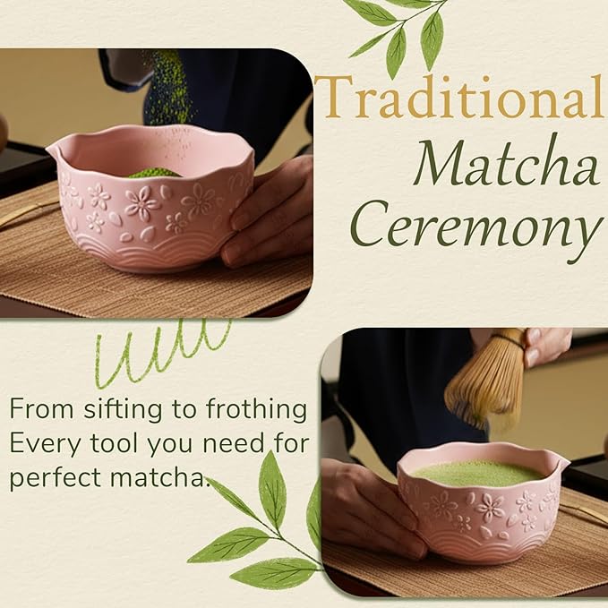 8 Pcs Pink Cherry Blossom Matcha Whisk Set Bowl with Spout Bamboo Chasen Sifter Spoon Scoop Whisk Holder Bamboo Mat Complete Matcha Making Kit