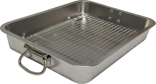 Generic Roasting Pan Stainless steel Roasting pan Turkey Roasting pan with grill Rectangular grill suitable for Turkey, roast chicken and ham (15.5x11.6x2.8in), Silver