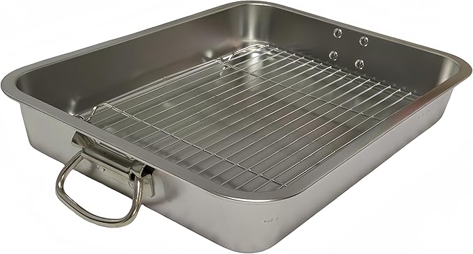 Generic Roasting Pan Stainless steel Roasting pan Turkey Roasting pan with grill Rectangular grill suitable for Turkey, roast chicken and ham (14x10.4x2.8in), Silver
