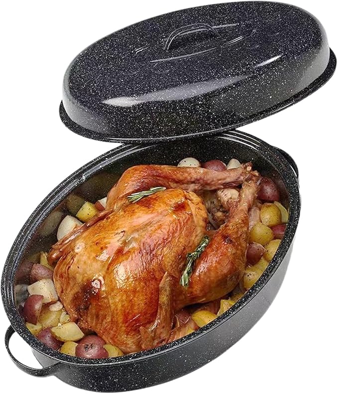 19” Turkey Roasting Pan Enamel Oval Granite Large Roaster Pan with lid with 17in Inner Diameter Large Capacity Suitable for Thanksgiving Day Enamel Cook Ware Dishwasher Compatibility Oven