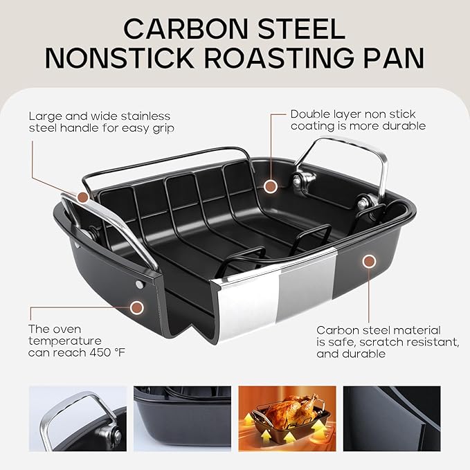Nonstick Turkey Roasting Pan with Rack - 17×13.6 Inch Large Turkey Roaster Pan For Oven - Double-Ply Clad NonStick Roasting Pan For Roasting Chicken, Meats and Vegetables（Dark Gray）