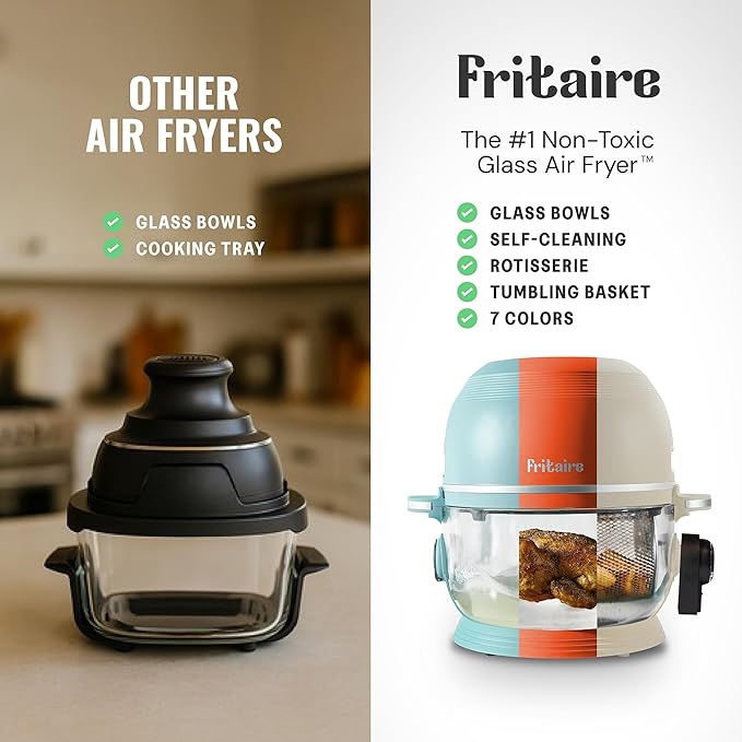 Non Toxic Air Fryer™ - Glass AirFryer 5 Quart w/ 360 Visibility, Self-Cleaning, 400F Vortex Air Fryer for Even Cooking, BPA-Free Teflon Free, 9-in-1 Functions, Rotisserie, Roast, Bake, Orange
