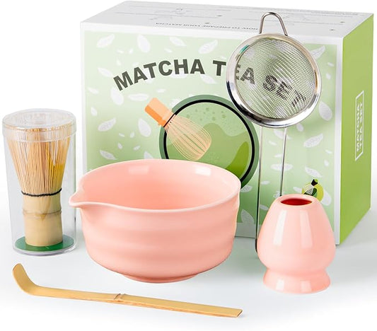 Matcha Set,5 Pcs Matcha Whisk Set Includes Bowl with Spout, Whisk,Holder,Bamboo Scoop and Sifter- Matcha Kit for Making Breakfast/Latte,Gift for Lovers（Pink）