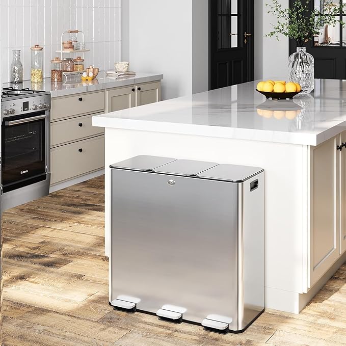 GarveeHome Trash Can 90 L/23.8 gal, Three Compartments Pedal Kitchen Recyclingtrash Bin with Lids,Stainless Steel Garbage Can for Home Office Restaurant School Hospital