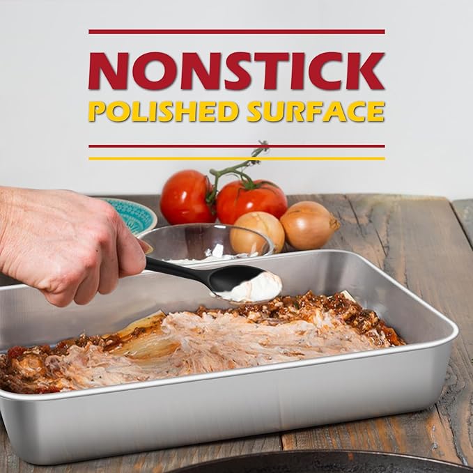 Leonyo Rectangular Cake Pan for Baking, 10.5 x 8 x 2 Inch Stainless Steel Baking Sheet Tray, Deep Lasagna Pan for Toaster Oven, Focaccia, Fish, Chicken, Casserole Dish