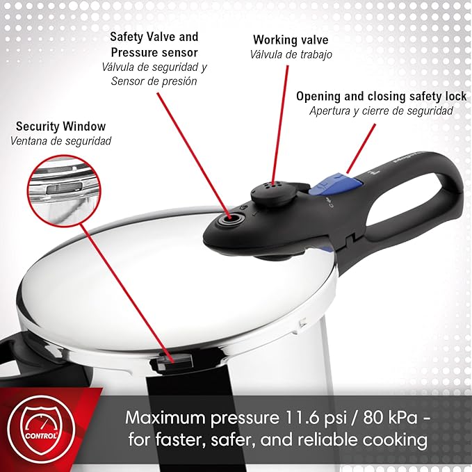 MAGEFESA Favorit 8 Qt Pressure Cooker – Easy-to-Use Fast Cooking Pot, 18/10 Stainless Steel, Induction Compatible, Even Heat Distribution, Works on All Stovetops