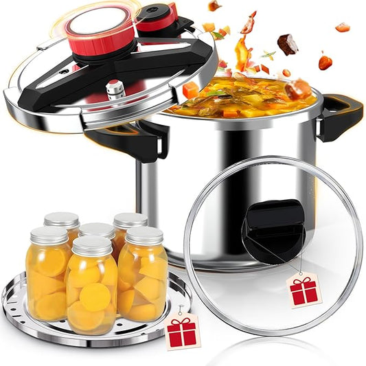 18/8 Stainless Steel Pressure Cooker 12 Quart, [One-Hand Locking] Olla de Presion, [3-In-1] Pressure Cooker, Induction Compatible, Gas Stovetop Compatible,Includes Glass Lid & Steamer Rack