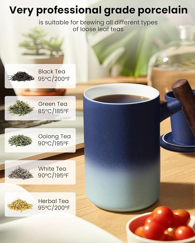 15 OZ Porcelain Tea Infuser Cup with Lid,Ceramic Tea Mug with Porcelain Strainer for Loose Leaf,Tea Strainers Cup with Wood Handle,BPA-Free,Gifts for Tea's Lover(Gradient Blue)