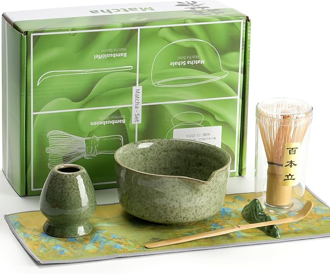 Matcha Whisk Set,7 Pcs Matcha Kit Includes 15oz Spouted Matcha Bowl,Bamboo Whisk,Scoop & Sifter for Matcha Lovers,Beginners,Birthday,Christmas(Matchat Green)
