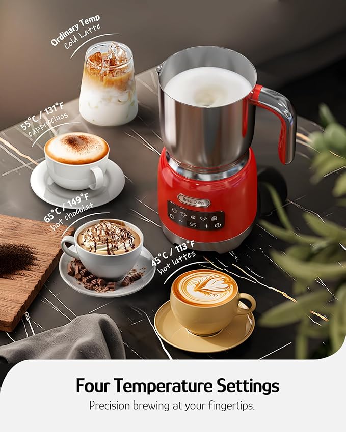 Hazel Quinn Milk Frother - Milk Steamer with Adjustable Temperature & Foam Thickness, Dishwasher Safe, Detachable Base, for Latte/Cappuccino/Hot Chocolate, Cold Foam, 400ML (13.5OZ) - Ruby Red