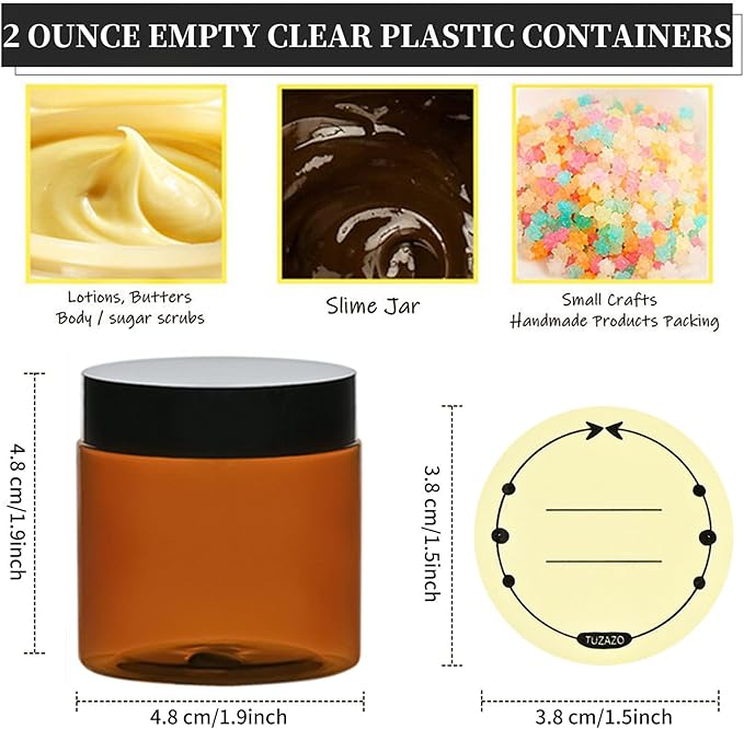 TUZAZO 2 Oz Amber Plastic Cosmetic Jars Leak Proof Small Container with lids for Cream, Lotion, Powder, Ointments, Beauty Products, 12 Pcs