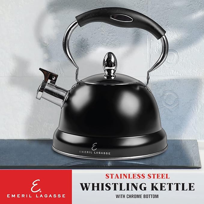 Emeril Lagasse 2.6 Quart/2.5 Liter Whistling Tea Kettle, Stainless Steel Tea Pot for Induction Stove Top, Fast to Boil Water for Home Kitchen Condo, with Ergonomic Cool Folding Grip Handle, Black